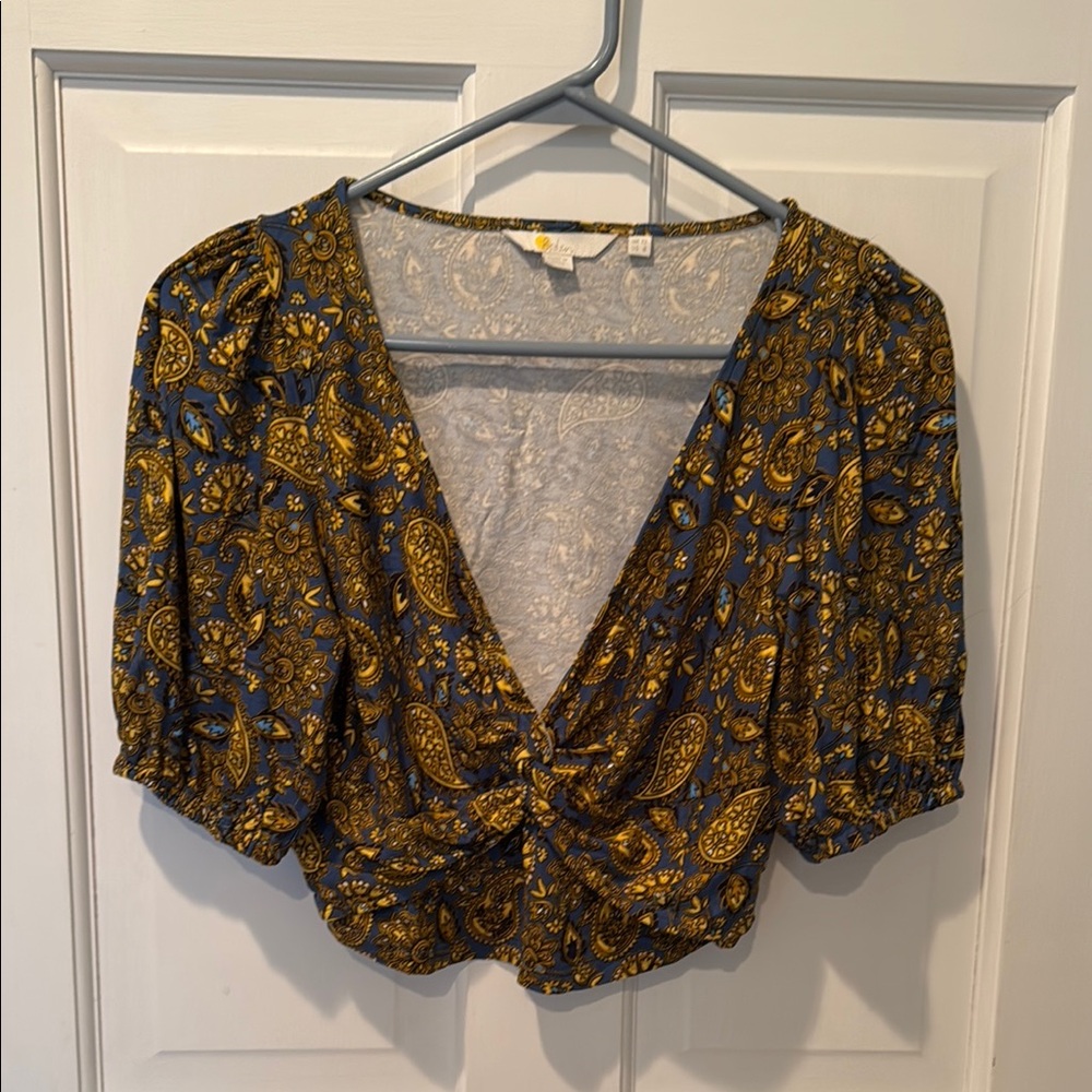 Boden Yellow Crop Top with Puff Sleeves and Tie Front